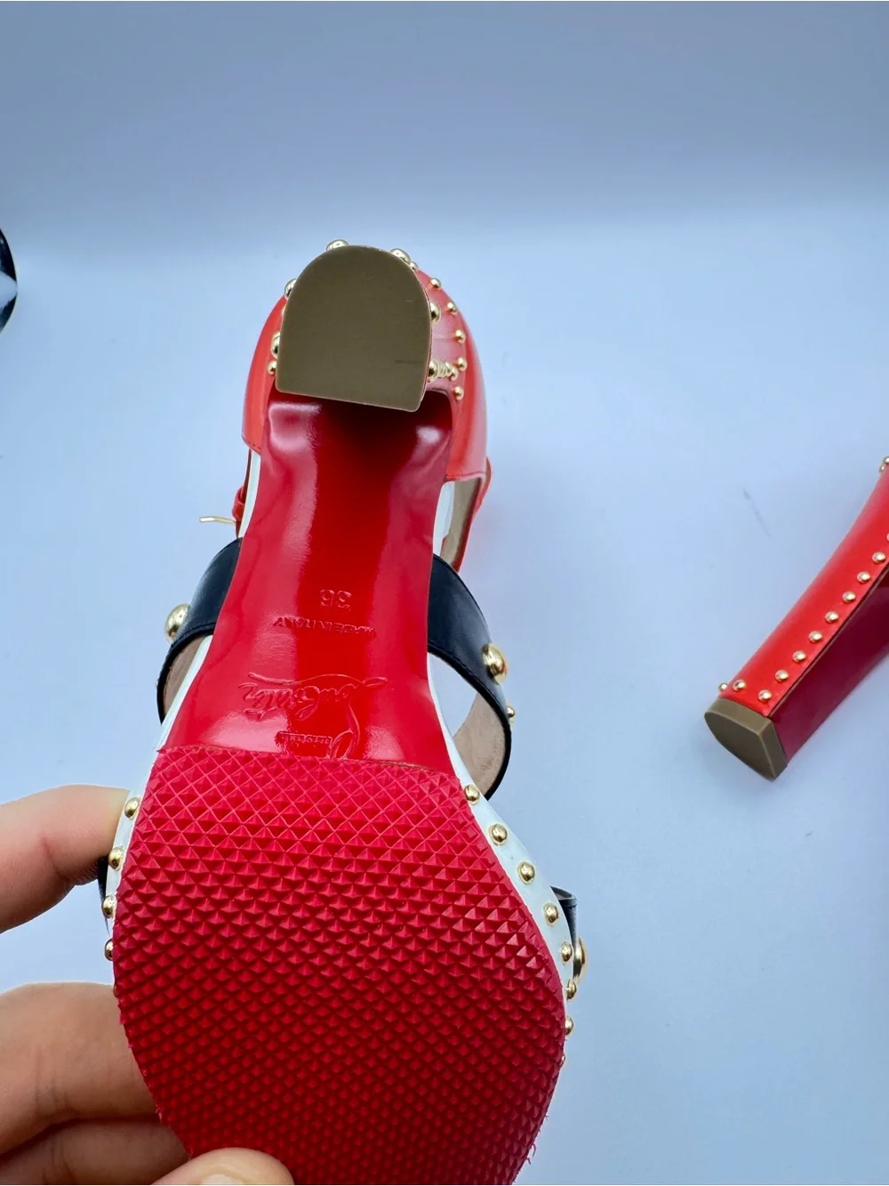 Christian Louboutin Decodame 120 Studded Red Black White Platform Sandals Sz 36